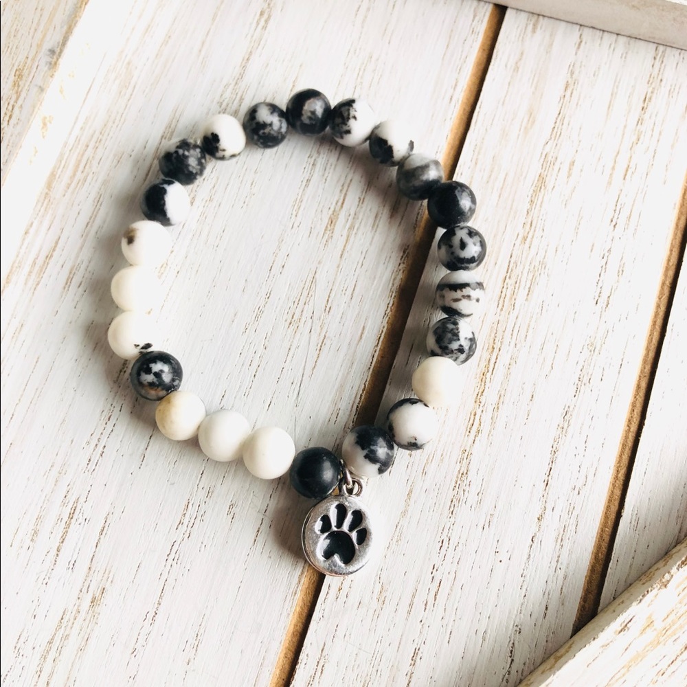 Jasper Gemstone Stretch Bracelet with Paw Charm